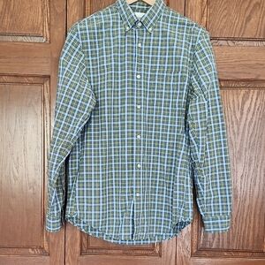 Lands End Canvas Men's Blue and Green Button Up 100% Cotton Plaid Shirt Size S